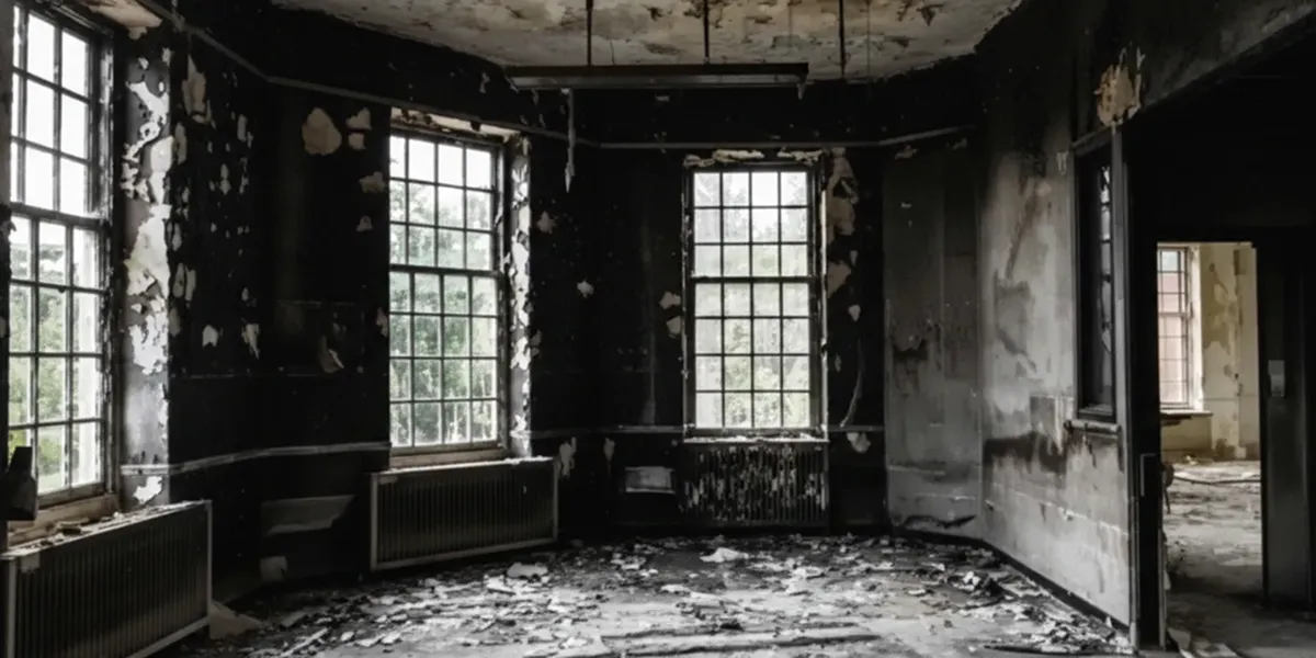 fire damage repair addressing severe interior damage and smoke residue inside a burned home in Scottsdale, AZ